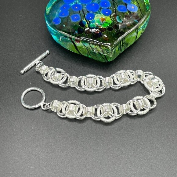 Sterling Silver 925 Double Loop Textured Chain Bracelet #1354B - Picture 5 of 8